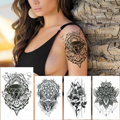 Diamond Rose Temporary Tattoos Sticker For Women Lady Sexy Body Art Tattoos Fake Geomety Flower Black Lotus Tatoos Transferable
