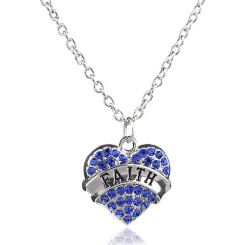 Bespmosp 24PCS/Lot Wholesale Blue Sparkling Crystal Faith Heart Pendant Necklace Silver Plated Chain Rhinestone Family Jewelry