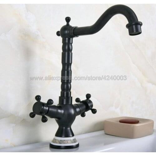 Black Oil Rubbed Brass Double Handles Bathroom Kitchen Sink Faucet Deck Mount Hot and cold Crane Vanity Sink Mixer Taps Knf648