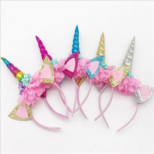 Girls Shining Cat Ears Colorful Cute Flower Unicorn Headbands Children Headwear Photo Props Party Hair Hoop Hairbands For Kids