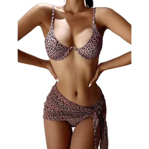 Brand New 3Pcs Women Bathing Outfits Ladies Leopard Print Underwired Bra with Removable Chest Pads+Thong+Tie-up Sarong Swimwear