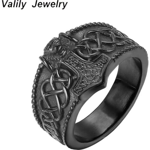 Valily Thors Hammer Celtic Knot Ring Mens Nordic lion Stainless Steel Viking Mjolnir Rings Amulet Jewelry for Man