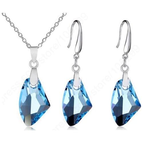 18" Blue Austrian Crystal 925 Sterling Silver Jewelry Set Pinch Bail Earring Pendant Necklace Drop Earrings Set