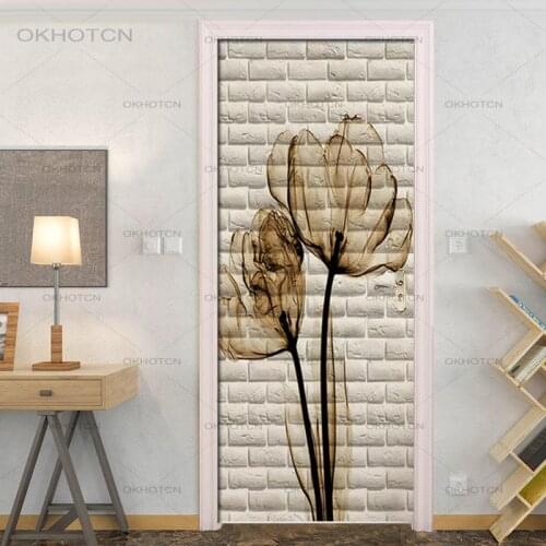 Brown Floral Beige Bricks Door Stickers PVC Waterproof Bedroom Door Sticker Wallpaper Wall Decals Wall Home Decoration
