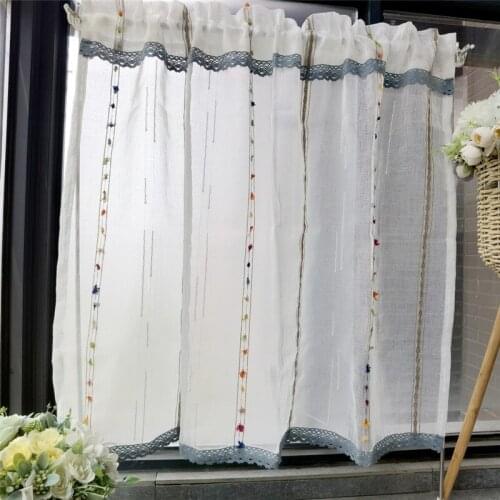 Rainbow Striped Short Curtains Kitchen Blue Lace Faux Linen Half Sheer Voile Door Cafe Small Curtains Window Blinds DL-WP263C