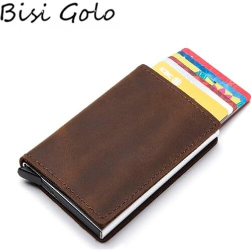 BISI GORO 2021 Real Leather RFID Card Holder Genuine Leather Aluminum Box Slim Thin Smart New Card Case Clutch Pop-up Wallet