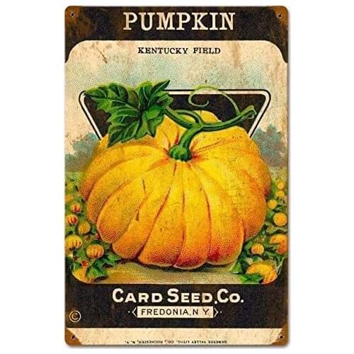 Maizeco Metal Tin Signs Halloween Pumpkin Card Seed Vintage Plaque Poster for Farm Pub Garage Kitchen Home Decor Decorative Wall