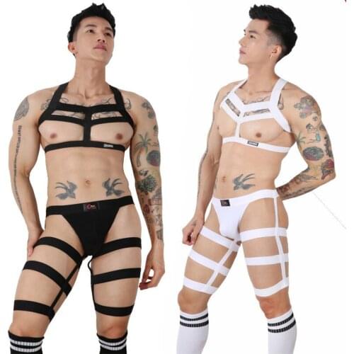 Men Harness Straps Underwear Hollow Out Long Socks Leg Belt Briefs Elastic Fetish Costume Sexy Body Bondage Lingerie Set For Men