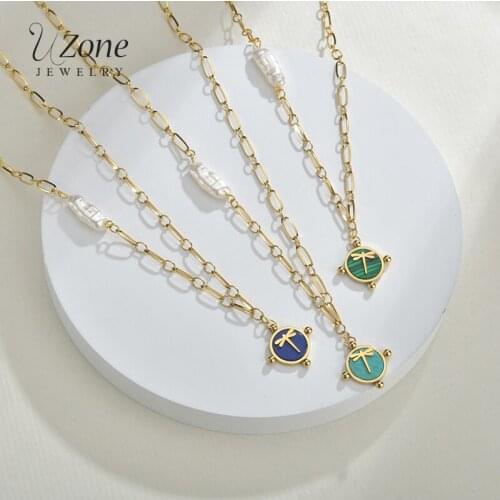 Uzone Colorful Exquisite Natural Stone Dragonfly Pendant Necklace For Women Stainless Steel Gold Chain Necklaces Jewelry Gif