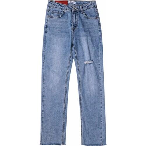 Straight Cropped Trousers Active Washing Leisure High Ripped Jeans For Women Pants