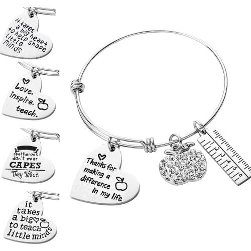 Expandable Stainless Steel Wire Bangle Bracelet Gifts for Teachers Thank You Cuff Bangle Women Crystal Apple Charm