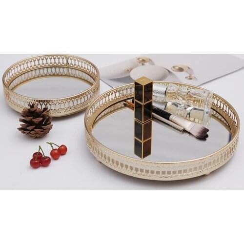 Northern European-Style Light Luxury Iron Delicate Glass Mirror Base Bedroom Desktop Jewelry Cosmetic Storage Tray Decorations