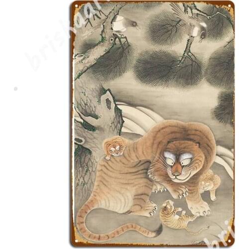 Tiger Family And Magpies, Tani Buncho, 1807 Japanese Art Metal Signs Club Garage Club Wall Decor create Tin sign Posters
