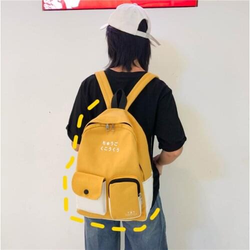Girl School Bags Harajuku Letter Print Multi Pocket Black Laptop Travel Canvas Backpack Korean Vintage Style Yellow Teenage Anim