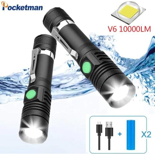 Rechargeable flashlight super bright 12000 lumens V6 waterproof LED tactical flashlight with clip 4 mode walking emergency 2 pcs