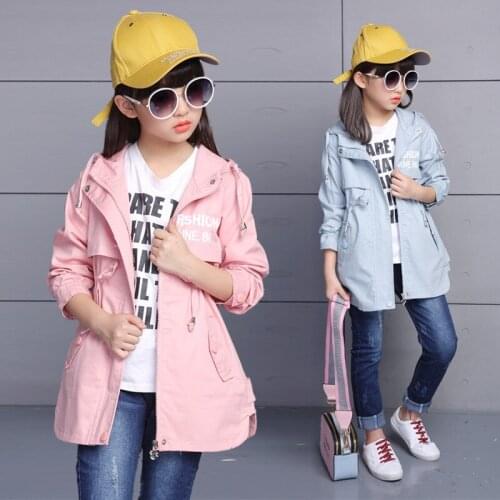 Teenager Spring Autumn Girls Trench Coat Fashion Hooded Jacket Long Cardigan Kids School Clothing Casual Outwear 3-14 Age
