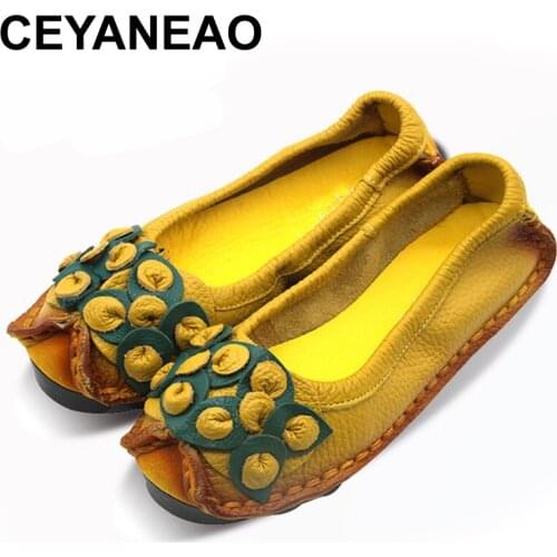 CEYANEAO Genuine Leather Soft Soled Shoes National Wind Leather Flats Shoes For Women Casual Female Flats Lady Round Toe Shoes