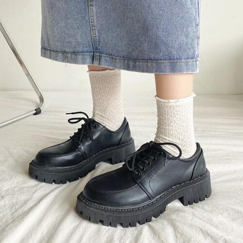 Women Platform Oxford Shoes 2021 Autumn Vintage shoes students Leather Lace Up Women Fashion Loafer Shoes Black Oxford Shoes