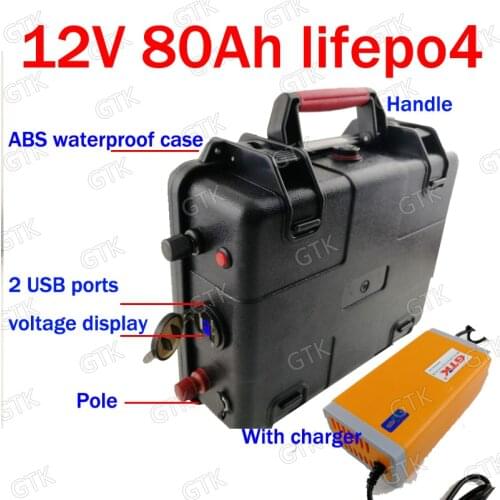GTK waterproof lifepo4 12v 80ah bateria 12.8v baterie USB port for LCTV lighting xenon lamp camp Climbing Solar + 5A charger
