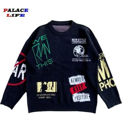 Harajuku Letters Graffiti Knitted Sweaters Mens Fashion Streetwear Hip Hop Oversize Loose Casual Pullovers Sweater Unisex Tops