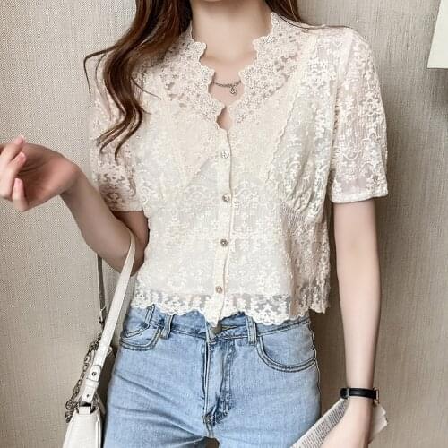 Woman Blouse Short Sleeve Lace Hollow Out Top Summer V-neck Lace Women Shirts Single Breasted Womens Tops and Blouses