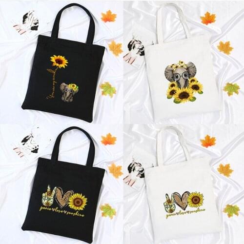 Female Canvas Shoulder Bag Eco Storage Handbag Reusable Foldable Totes Elephant Sunflower Peace Love Sunshine Women Shopping Bag