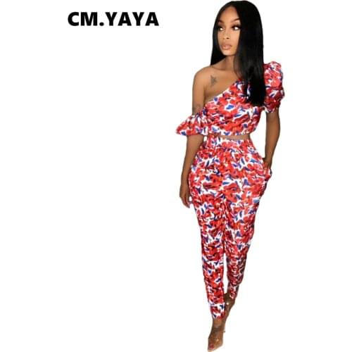 CM.YAYA Women Set Print Short Sleeve Skew Collar Crop Tops Pockets Pencil Pants Two 2 Piece Set Fashion Outfits Summer Tracksuit