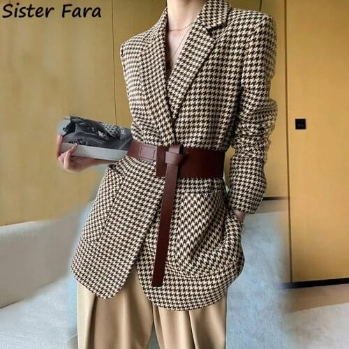 Sister Fara Winter Thicken Ladies Houndstooth Blazers Jacket Women Notched With Sashes Casual Blazers Autumn Full Sleeve Blazer