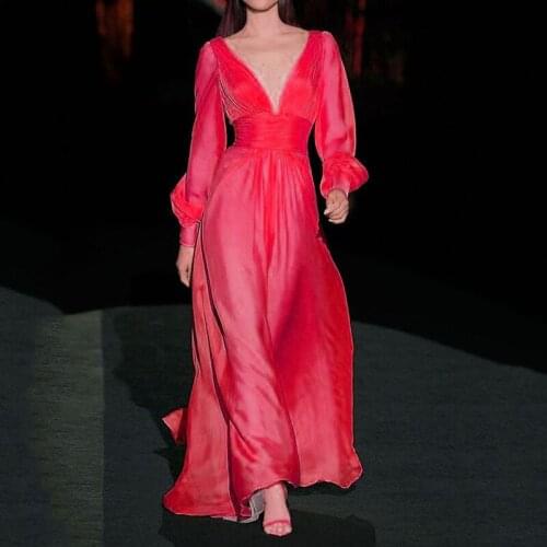 2021 Summer New Ladies Dress V-neck Long-sleeved Solid Color Sexy Fashion Temperament Slim Mid-length Skirt Woman Clothing WE324