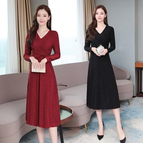 2021 Femal Vintage Plus Size Solid Long Sleeve Dresses Autumn Winter New Red Sexy Midi Dress Elegant Women Bodycon Party Vestido