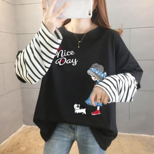 150Kg Large Size Women Spring Fall Fashion Fake Two Pieces Stripe Patchwork Sleeve Cartoon Girl Print Loose Casual Chic t-Shirts