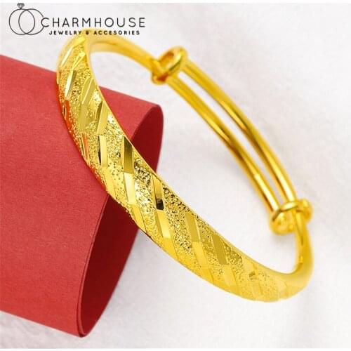 24K Gold Color Charm Bracelets For Women 10mm Width Geometric Round Bangle Adjustable Wristband Wedding Jewelry Accesories Gifts