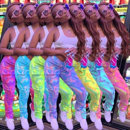 New 2021 Summer Women Elastic Tie Dye Jogger Pants Sportwear Active Pocket Trousers Ripped Sweatpants