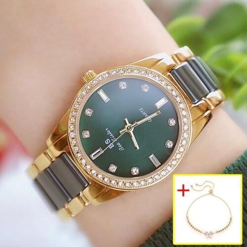 Bs Woman Watches 2020 Famous Brand Ceramic Women Wristwatches Green Diamond Female Watches Quartz Ladies with bracelet 2021