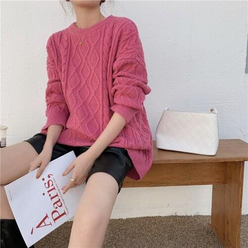 FTLZZ Autumn Winter Solid Pink Lady Tops Warm Pullovers Solid Minimalist Korean Oversize Vintage Womens Sweaters