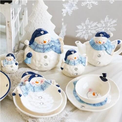 Snowman Ceramic Plate Christmas Teapot Storage Jar Seasoning Bottle Christmas Plates Home Kitchen Decor Tableware Christmas Gift