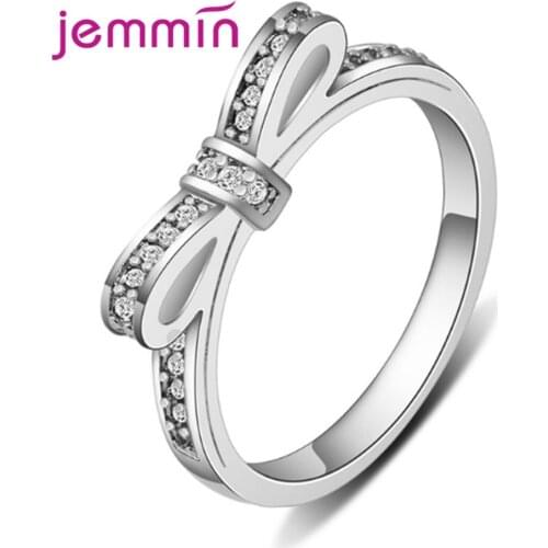 Free Shipping Novel Design High Quality Genuine 925 Sterling Silver Bow Knot Wedding Rings With Sparkling AAAAA CZ Crystal Paved