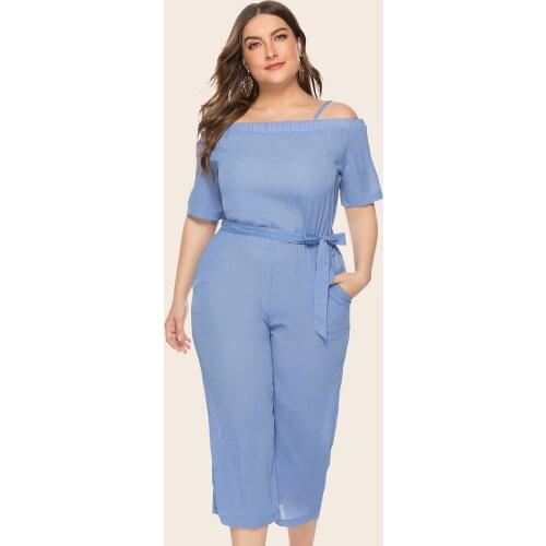 DOIB Sky Blue Rompers Women Navy Blue Slash Neck Sashes Plus Size Playsuit Summer Vintage Elastic Waist Large Size Jumpsuits 4XL