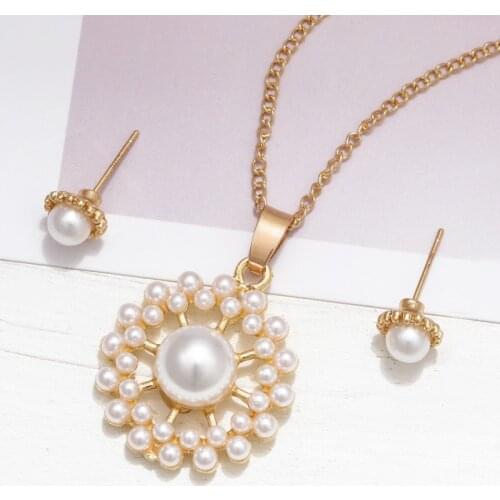 MINHIN Gold Chain Pearl Jewelry Sets for Women Pendant Necklace Earrings Women Appointment Costume Jewelry Set