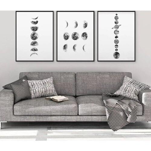 Solar System Wall Art Black And White Moon Phases Canvas Art Prints Minimalist Space Poster Painting For Living Room Home Decor