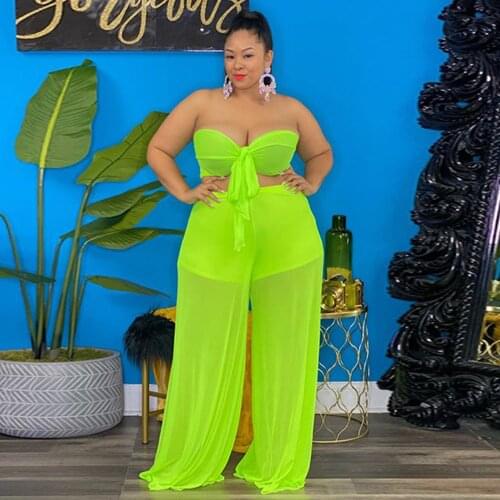 Neon Green Sheer Mesh Perspective Women 2 Two Piece Set Off Shoulder Slim Fit Crop Top and Wide Leg Trouser Plus Size Clothing
