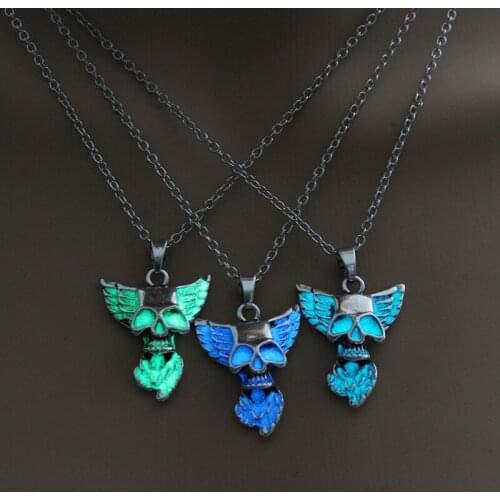 Punk Wing Skull Pendant Luminous Necklace Jewelry Silver Color Long Chain Glow In The Dark Choker Statement Necklace For Women