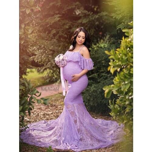 New Maternity Dress Photography Sling Off Shoulder Chiffon Lace Long Pregnancy Fish Tail Dress Baby Shower Dress For Photoshoot