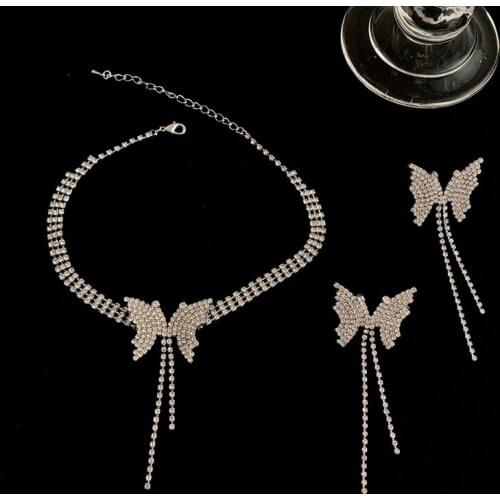 TIMEONLY Temperament Butterfly Shinning Rhinestone Tassel Dangle Earrings for Women Girls Pendant Necklace Cute Accessories