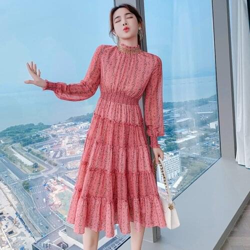 High-end Heavy Duty Nail Drill Pleated Cake Dresses Autumn Women Long Sleeves Floral Chiffon Dress