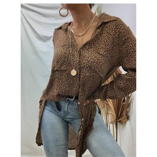 Happie Queens women Boho leopard Print blouse shirt Ladies long Sleeves double pockets rayon cotton Blusas shirt dress