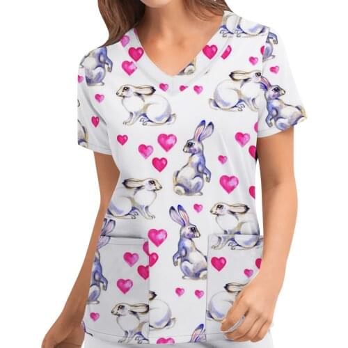 Plus Size S-3XL Women Easter Print Work Uniform For Beauty Salon Health Care Nurse Scrubs Tops Workwear Gorro Enfermera A50