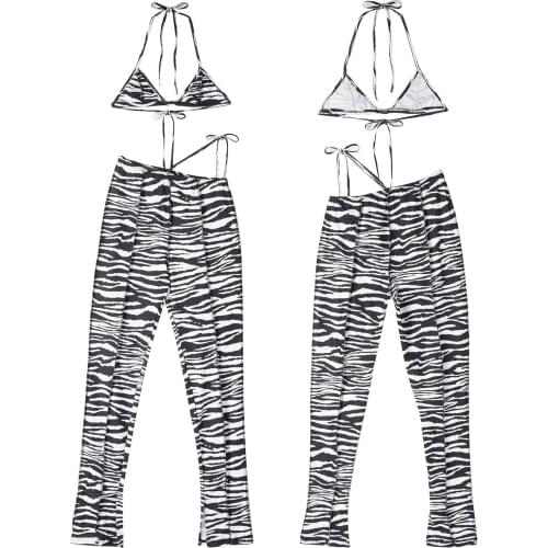 Women Sexy Summer Yoga Suits 2Pcs Halter Neck Bikini Bra Tops and Pants Set Zebra Pattern Print Workout Sport Tracksuits Clothes