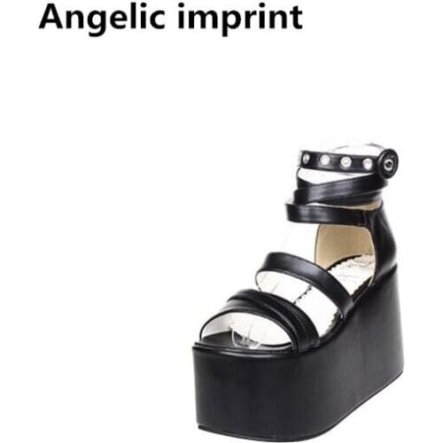 Angelic imprint woman mori girl lolita cosplay punk shoes lady high heels wedges pumps women princess summer dress sandals 33-47