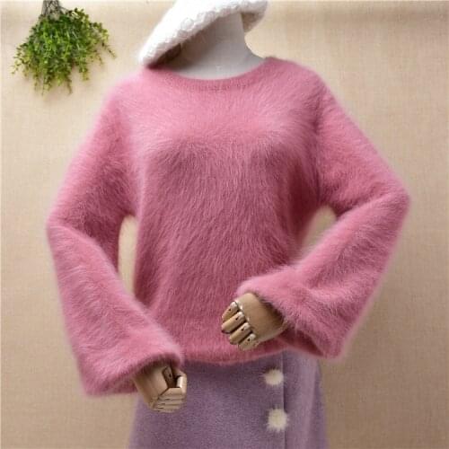 Ladies women fashion pink hairy plush mink cashmere knitted long lantern sleeves loose pullover angora fur jumper sweater pull